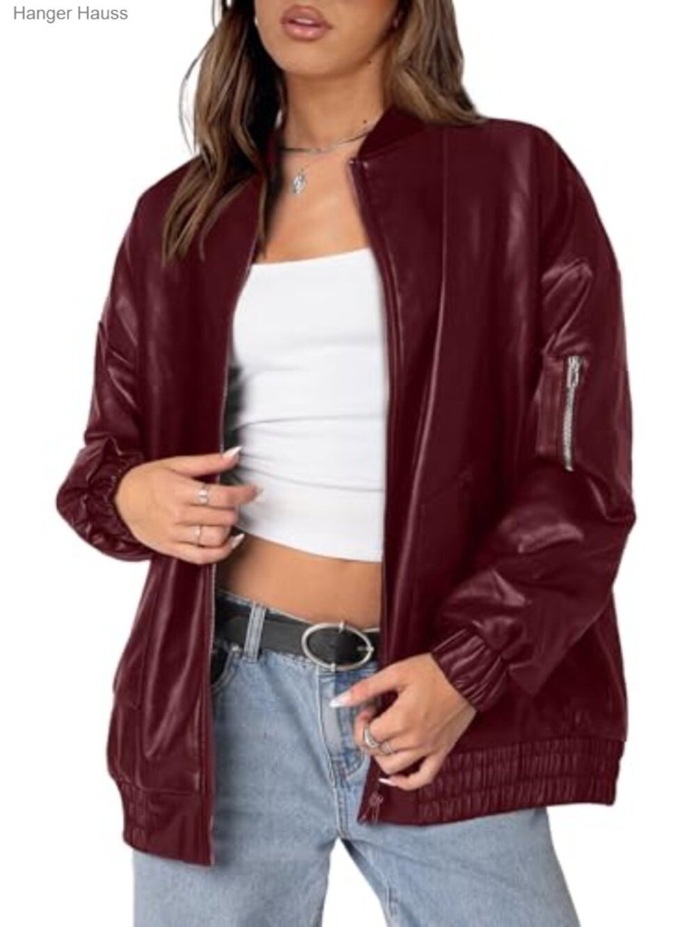 Faux Leather Jacket Women Oversized Motorcycle Bomber Zip Up